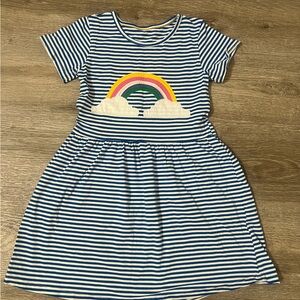 Striped Blue and White Kids Dress with Rainbow Design